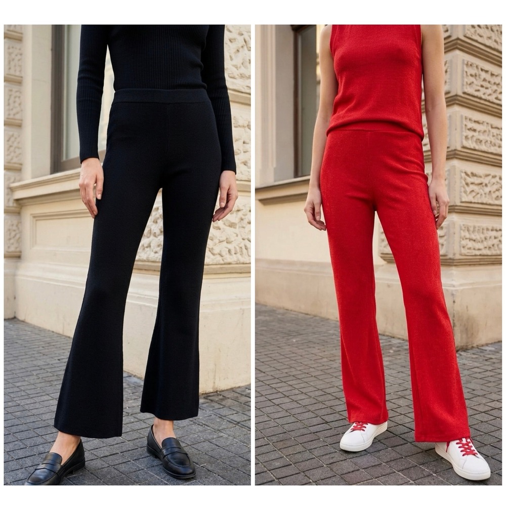 Forever 21 Ribbed Knit Flare Leggings Bundle Red Black High‎ Waist Large 2pc Y2K